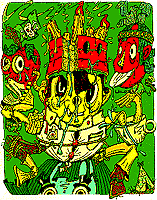a low res illustration made for Birthday Boy from Duck Stab. It's a detailed drawing of a male figure with a birthday cake on his head, red faces looking at him.